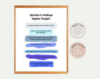 May include: Printable worksheet with blue and light blue text boxes containing questions to challenge negative thoughts. The text includes: "Is there another way to look at this?", "What is the evidence against this thought?", "What is the worse thing that could happen and how likely is this?", "What would I say to a friend?", "Will this matter in a few months or years?", "What are other possible outcomes?", "What would happen if I did not believe this anymore?" The worksheet also includes two icons: a printer icon with the text "Ready to Print" and a download icon with the text "Instant Download".