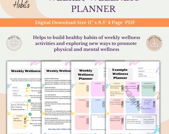 May include: A printable weekly wellness planner with a pink, blue and yellow colour scheme. The planner includes sections for positive affirmations, heart breathing, morning gratitudes, and more. The planner is designed to help you build healthy habits and explore new ways to promote physical and mental wellbeing.