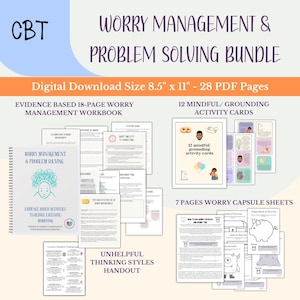 May include: A digital download bundle titled "Worry Management & Problem Solving." The bundle includes an 18-page worry management workbook, 12 mindful grounding activity cards, and 7 worry capsule sheets. The digital download size is 21.6cm x 27.9cm with 28 PDF pages.