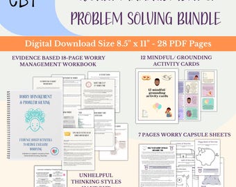 May include: A digital download bundle titled "Worry Management & Problem Solving." The bundle includes an 18-page worry management workbook, 12 mindful grounding activity cards, and 7 worry capsule sheets. The digital download size is 21.6cm x 27.9cm with 28 PDF pages.