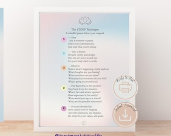 May include: A framed print detailing "The STOPP Technique", a method for mindful pausing. The white-framed print includes the phrases "Ready to Print" and "Instant Download". The text is in English.