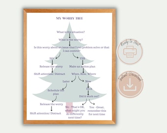 May include: A printable worry tree flowchart with a light blue tree and purple text. The flowchart helps you decide if you can control a worry and provides steps to take if you can't.