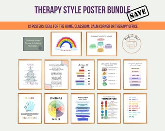 May include: A set of 12 printable posters in a therapy style, featuring colourful illustrations and text. The posters include topics such as grounding techniques, emotions wheel, finger breathing, and taking your emotions temperature.