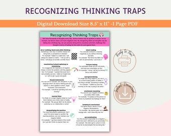 May include: A printable PDF download with a pink and green background. The title is "Recognizing Thinking Traps" and the text describes different types of thinking traps, such as "all or nothing, black and white thinking", "fortune telling", and "mental filter".