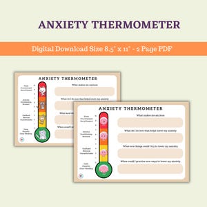 May include: Two printable pages of an anxiety thermometer. The thermometer is a vertical scale with a red, orange, yellow, and green color gradient. Each color represents a different level of anxiety. The thermometer is labeled with the following levels: Panic, Overwhelmed, Anxious, Overthinking, Stressed, Confused, Nervous, Uncomfortable, Calm, Peaceful, Clear Thinking. Each level has a corresponding image of a cat, a dog, or a brain. The pages include prompts for the user to reflect on what makes them anxious, what they can do to lower their anxiety, and what new things they can try to lower their anxiety.