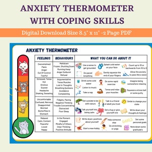 May include: A printable anxiety thermometer with coping skills. The thermometer is a red, orange, yellow, and green color gradient. The thermometer is divided into three columns: Feelings, Behaviors, and What You Can Do About It. Each column has a list of items. The image includes a digital download size of 8.5" x 11" and is a 2-page PDF.
