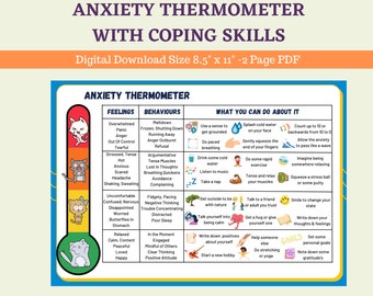 May include: A printable anxiety thermometer with coping skills. The thermometer is a red, orange, yellow, and green colour gradient. The thermometer is divided into three columns: Feelings, Behaviours, and What You Can Do About It. Each column has a list of items. The image includes a digital download size of 8.5" x 11" and is a 2-page PDF.