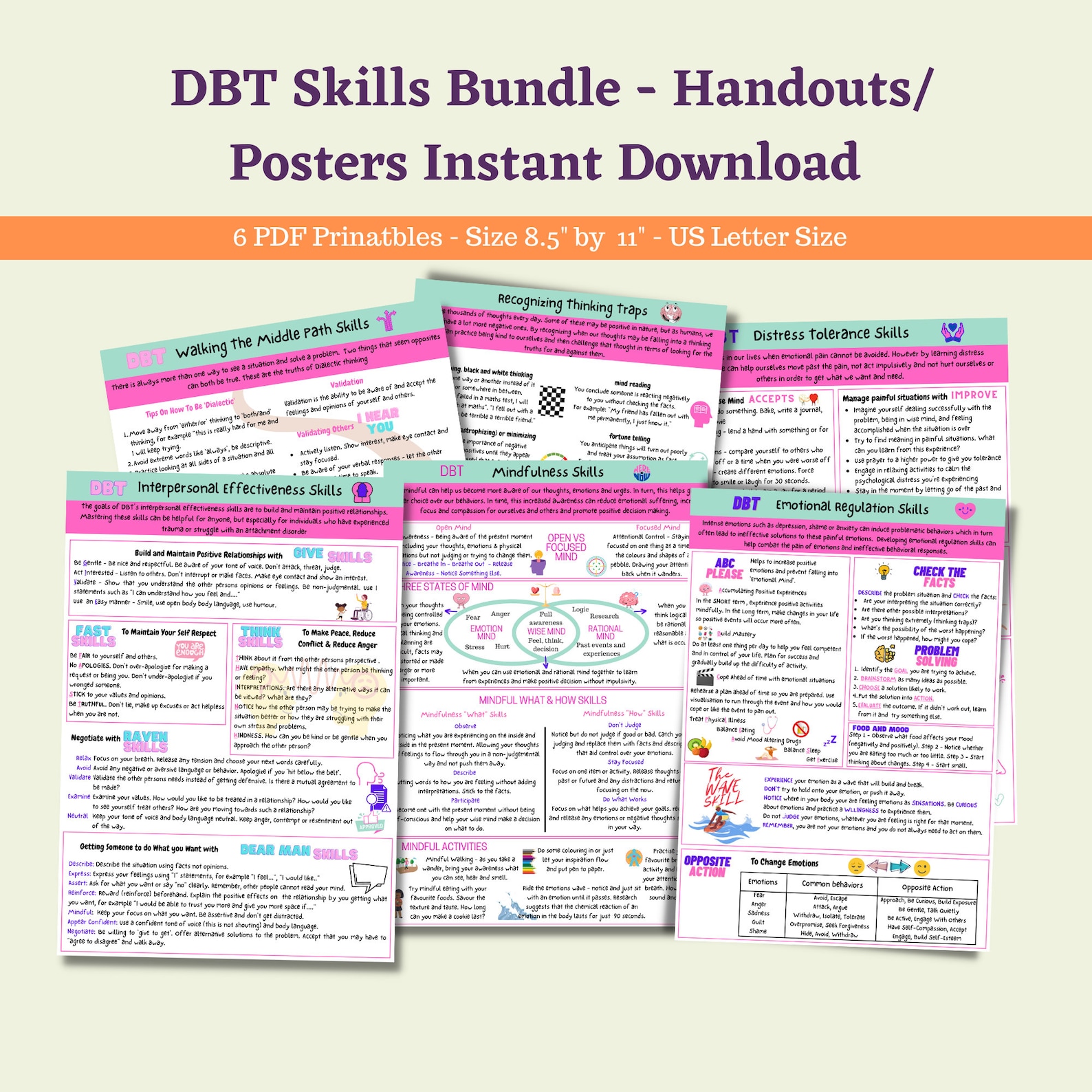 DBT Bundle Skills Printable Handout Poster PDF Set Cheat Sheet - Etsy