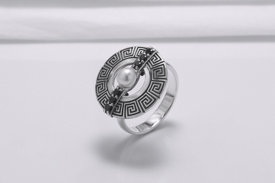 Linear Greek Pattern Signet, Round Shield Ring, Historical Unisex ...