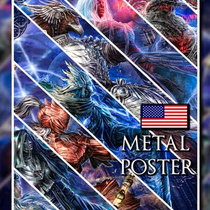 Może przedstawiać: Prostokątny metalowy plakat przedstawiający kolaż postaci fantasy w ukośnych panelach. Grafika ukazuje opancerzone postacie, skrzydlate stworzenie i świecącą postać na ciemnoniebieskim kosmicznym tle. Napis METAL POSTER jest wydrukowany na biało z ikoną flagi USA.