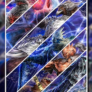 Puede incluir: Impresión de arte digital con personajes de fantasía en paneles diagonales. La obra de arte muestra una variedad de figuras con armaduras detalladas, túnicas fluidas y poses dinámicas. La paleta de colores incluye azules, morados y naranjas, con reflejos blancos y dorados.