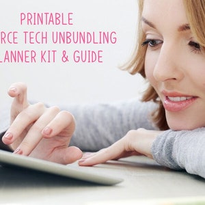 May include: A woman uses a tablet computer while sitting at a desk. The text on the screen reads "Printable Divorce Tech Unbundling Planner Kit & Guide".