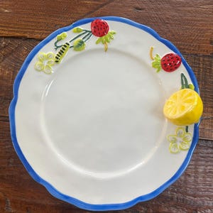 Anthropologie Faye Dessert Plate White Lemon Strawberry Kitchen Garden Stoneware