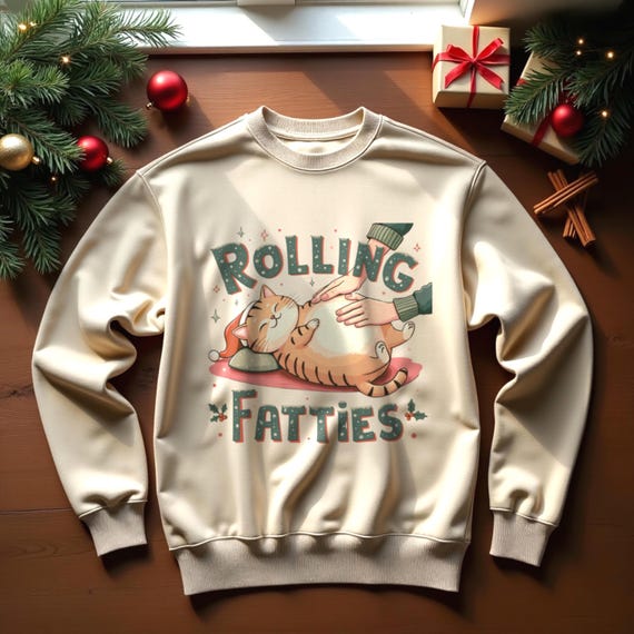 Rolling Fatties Cat Christmas Sweatshirt – Funny Holiday Cat Lover Gift, Cozy Winter Crewneck, Cute Retro Cat Christmas Shirt