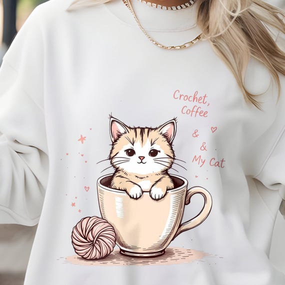 Funny crochet cat tee crochet coffe & my cat T-Shirt for yarn lovers, cozy crafting gift, cute cat mom graphic tee