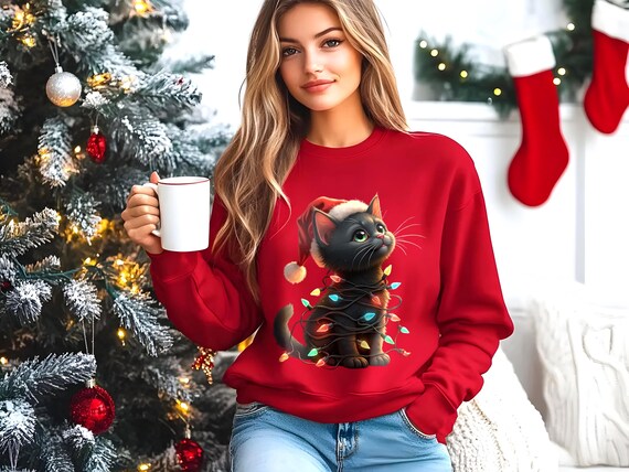 Funny Black Cat with Lights Christmas Shirt • Xmas Holiday Tee • Cute Humor Cat Shirt • Pet Lover Gift • Cat Shirt