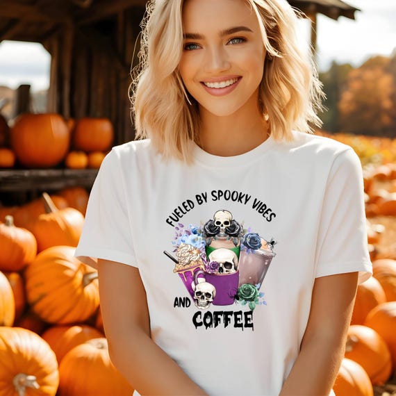Fueled by Spooky Vibes and Coffee Halloween T-Shirt• Halloween Coffee Lover Tee • Skulls and Flowers Graphic Shirt