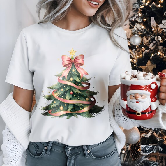 Cute Xmas Decor Shirt Pink Bow Christmas Tree T-Shirt Cozy Holiday Lover Gift Graphic Tee