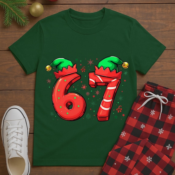 Funny 67 Elf Hat Funny Christmas Shirt, Viral Christmas Meme Tee, Six Seven Elves Holiday Humor Outfit, Trendy Xmas Party Costume Idea