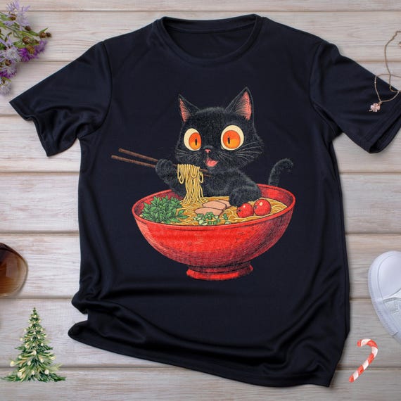 Ramen Noodles Cat Tshirt - Funny Foodie Lover Gift - Cat Eating Noodles