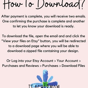 May include: A pink background with black text explaining how to download a digital file from Etsy. The text includes instructions on how to download the file after purchase, including how to access the download page and how to log into your Etsy account to download files. The text also includes the logo for Teachermom Creative, which is a blue flower with the text "TEACHERMOM Creative" underneath.