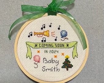 Coming Soon cross stitch Christmas ornament pattern, instant download, expectant mother, pregnancy, baby, birth