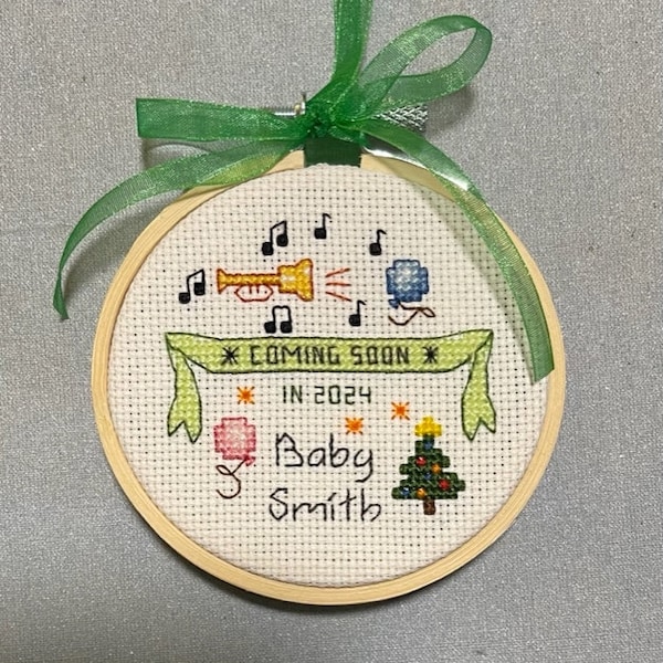 Coming Soon cross stitch Christmas ornament pattern, instant download, expectant mother, pregnancy, baby, birth