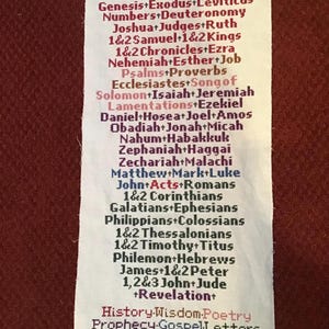 Puede incluir: Un marcapáginas de tela blanca bordado con una lista de los libros de la Biblia. El texto es de varios colores, incluyendo rojo, morado y azul. El marcapáginas también incluye las categorías Historia, Sabiduría, Poesía, Profecía y Cartas del Evangelio.