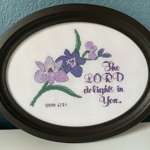 The Lord delights in You, instant download cross stitch pattern based on Isaiah 62:4, orchid, flower, scripture