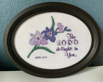 The Lord delights in You, instant download cross stitch pattern based on Isaiah 62:4, orchid, flower, scripture