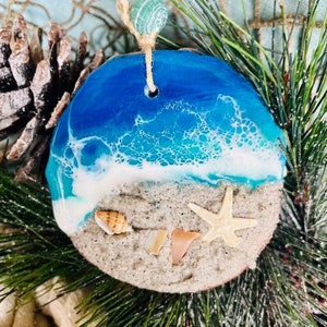 Personalized Ocean Resin Live Edge Wood Slice Ornament, Ocean Ornament, Beach, Wave Art, Christmas, Beach Gifts, Stocking Stuffer, Nautical