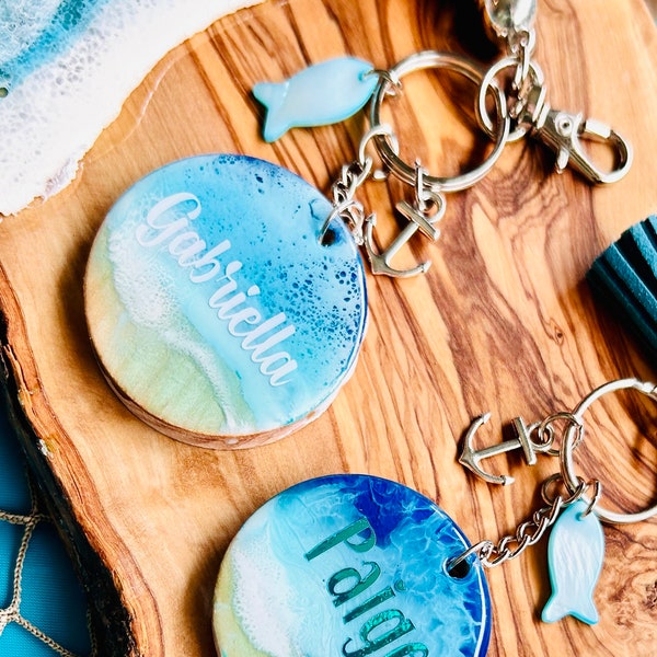 Wood Round Base - Personalized Ocean Resin Keychain with Charms, Ocean Inspired Keychains, Customizable Keyrings, Ocean Gift, Beach Gift