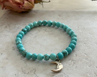 Turquoise Howlite Bead Bracelet with Crescent Moon Charm, Spiritual Jewelry