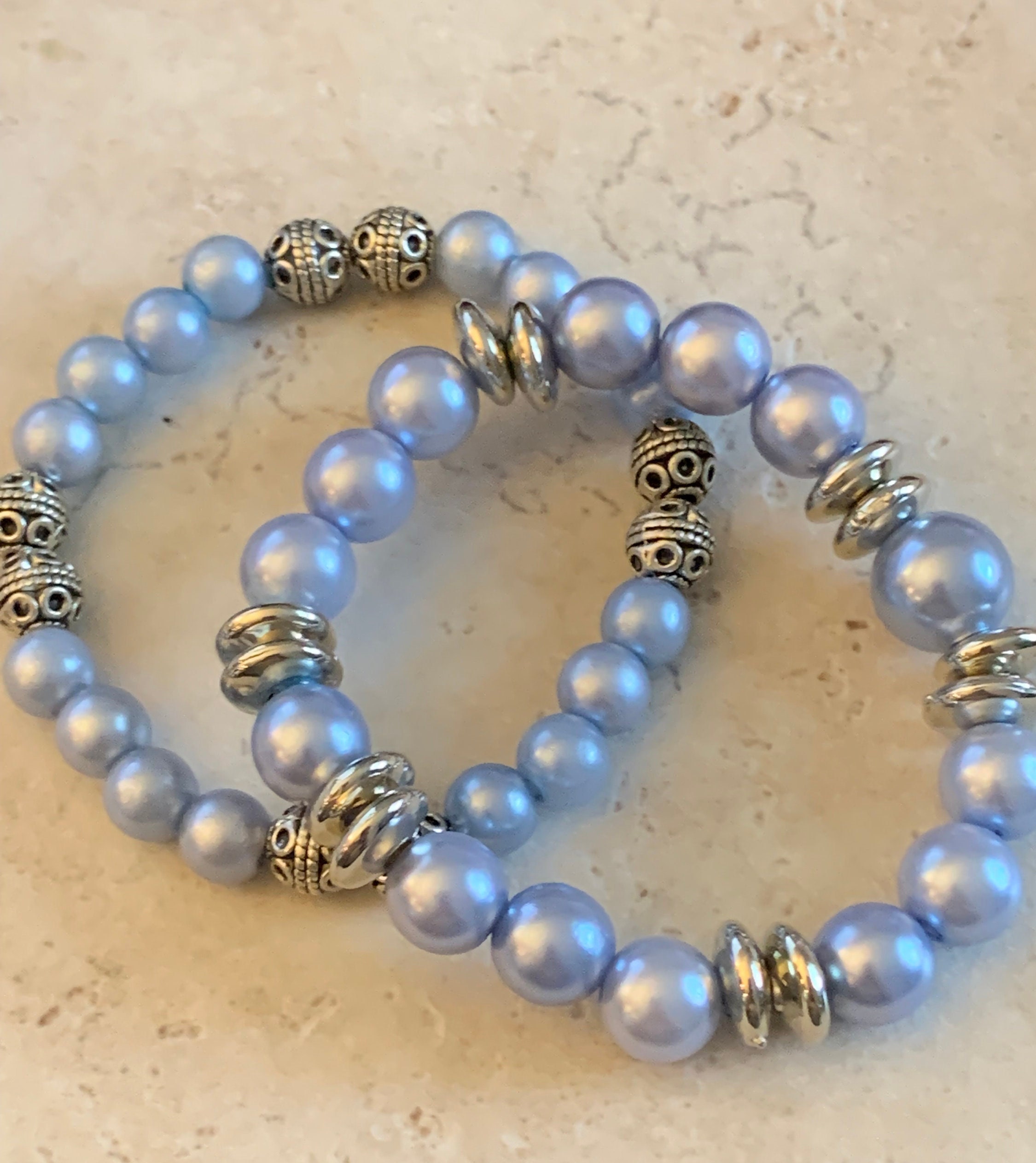 Light Blue Pearl Beads, Blue Pearl Bead Bracelets, Baby blue New Mom Bead Bracelets,  Handmade Bracelets, Stacking bracelets, 2 styles