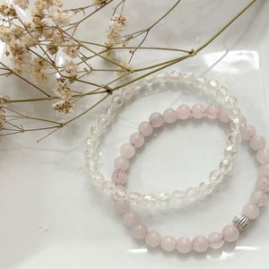 Light Pink Quartz Gemstone Bracelets, clear iridescent bead bracelet, Set of 2, handmade, dainty stackable bracelets, Protection bracelets,
