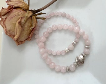 Light Pink Quartz Bracelet Set | Rose Quartz Jewelry, Shell Charm