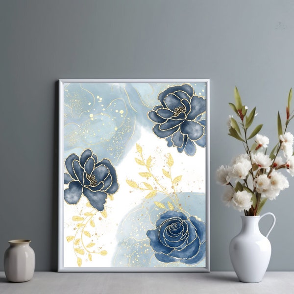 Blue Flower Digital Art Print Blue and Gold Floral Instant Download Print Digital Wall & Home Decor Bright Digital Art For Home