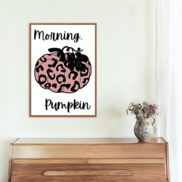 Morning Pumpkin Wall Art, Pink Leopard Print Pumpkin Digital Print, Halloween Home Decor, Cute Fall Art