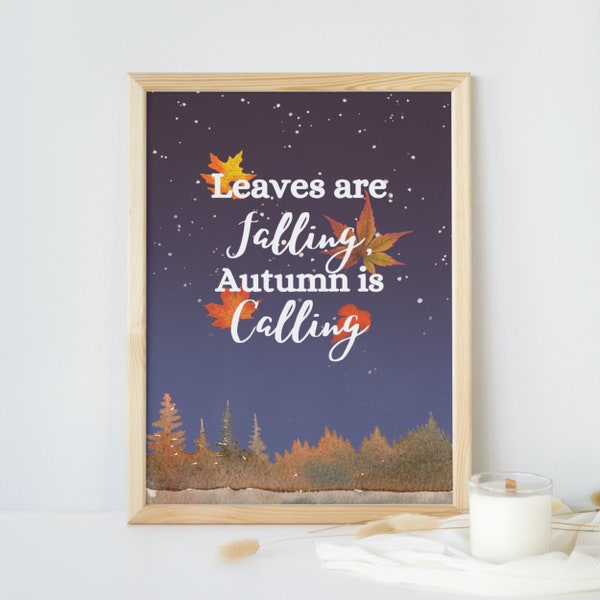 Fall Seasonal Wall Art, Thanksgiving Home Decor, Trees in the Fall Digital Print, Autumn Leaves Printable, Night Sky Art