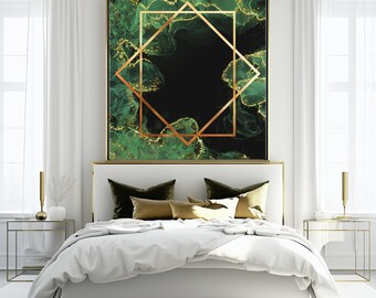 Modern Abstract Wall Art, Geometric Living Room Decor, Emerald Green and Gold Print