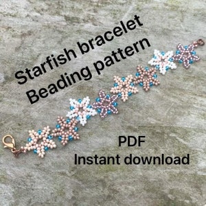 May include: A beaded bracelet with a starfish design. The bracelet is made with small, white, pink, and blue beads. The text "Starfish bracelet Beading pattern PDF Instant download" is visible in the image.