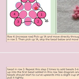 May include: A craft tutorial page featuring instructional text and diagrams for bead weaving. The diagrams show pink beads arranged in circular patterns with numbered labels from 1 to 6, connected by black lines representing thread paths.