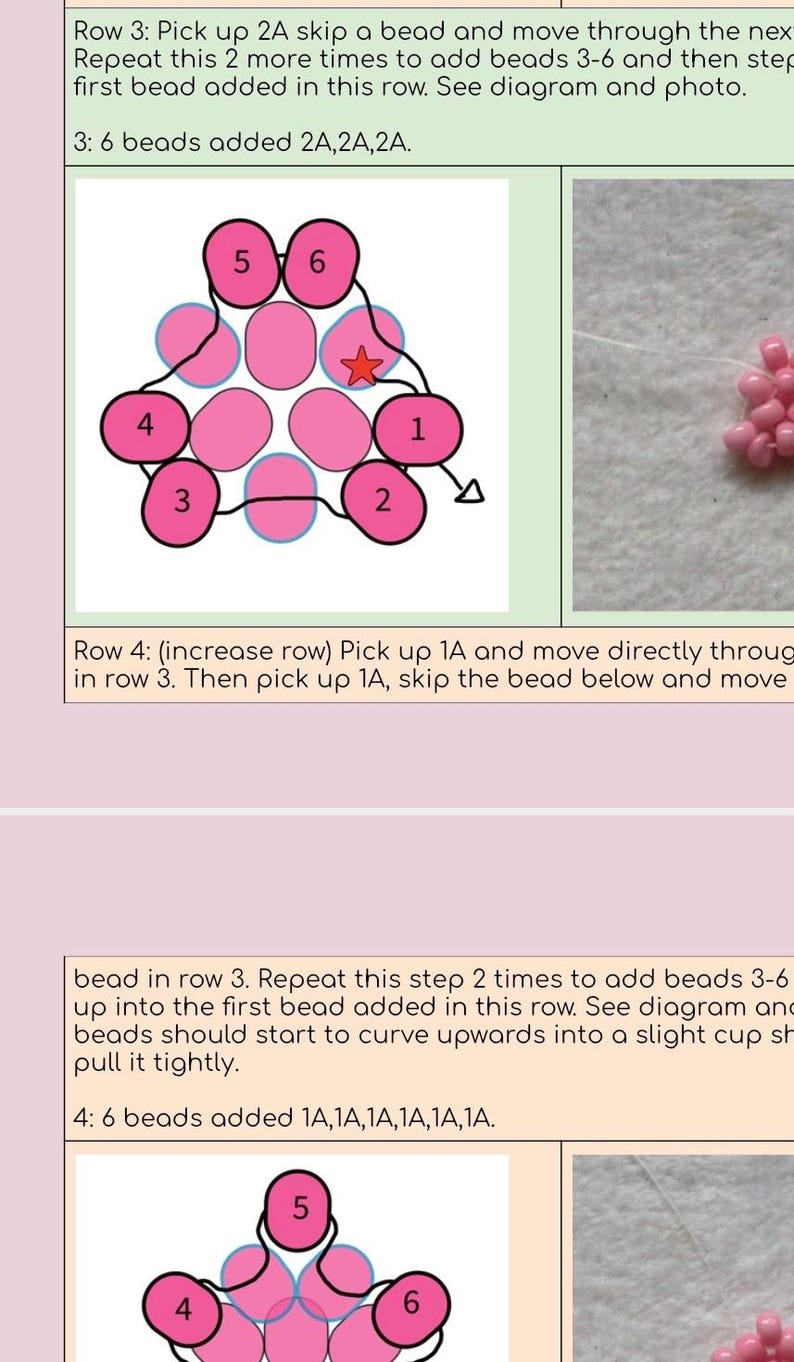 May include: A craft tutorial page featuring instructional text and diagrams for bead weaving. The diagrams show pink beads arranged in circular patterns with numbered labels from 1 to 6, connected by black lines representing thread paths.