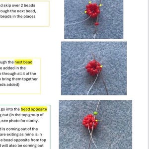 May include: Step-by-step instructions for beadwork, featuring close-up shots of red beads being sewn together. The images show the needle and thread passing through the beads, with yellow arrows indicating the direction of the needle.