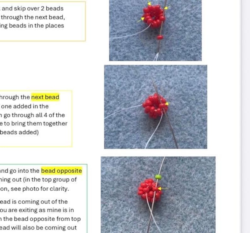 May include: Step-by-step instructions for beadwork, featuring close-up shots of red beads being sewn together. The images show the needle and thread passing through the beads, with yellow arrows indicating the direction of the needle.