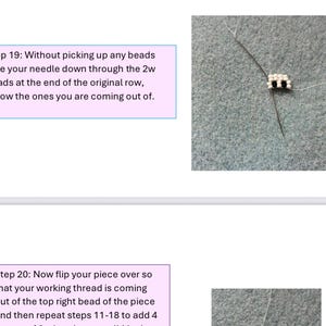 May include: A close-up of a beading project in progress. The image shows a needle with thread passing through small, white and black beads. Text in a pink box describes the next step in the beading process.