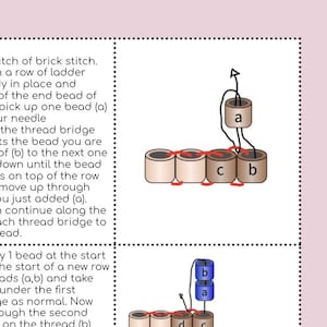 Op de afbeelding: Diagram met de brick stitch-techniek in kralenwerk. De afbeelding toont een stapsgewijze handleiding met gelabelde kralen en draadpaden. Het diagram gebruikt een neutraal kleurenpalet met zwarte lijnen en tekst.