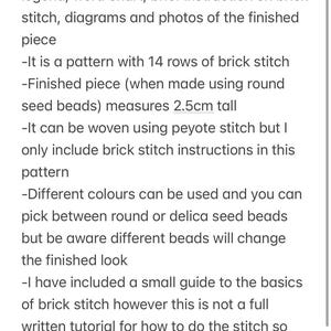 May include: Text from a pattern includes a bead graph, word chart, and instructions for brick stitch. The finished piece measures 1 inch tall. Different colors of beads can be used. Some previous knowledge of brick stitch is recommended.