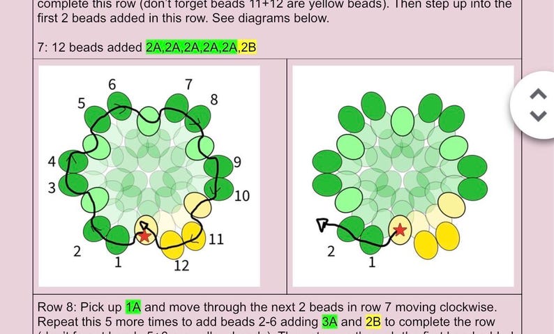 Puede incluir: Diagramas que ilustran instrucciones de abalorios. La imagen muestra dos patrones circulares de abalorios con cuentas numeradas y una l&iacute;nea negra que indica la trayectoria del hilo. Los diagramas utilizan cuentas verdes y amarillas, con instrucciones de texto.
