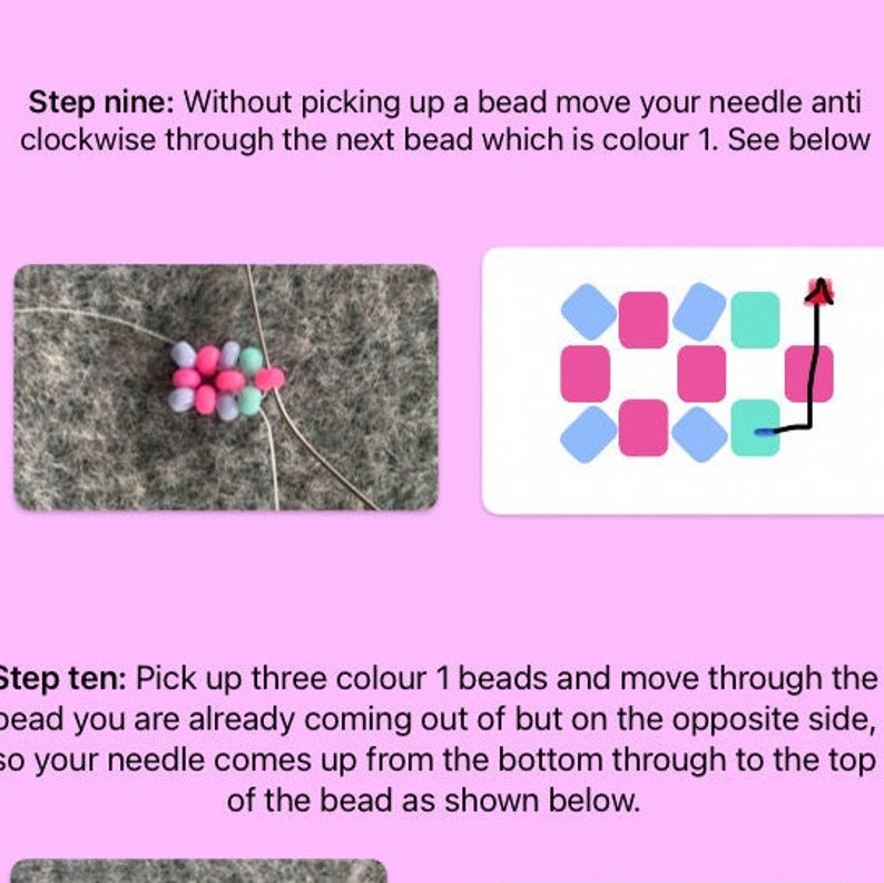 May include: A close-up image of a beaded jewelry project in progress. The image shows a needle threaded through a series of pink, blue, and green beads. The needle is positioned to go through the next bead, which is a light blue bead. The image also shows a diagram of the beading pattern, with arrows indicating the direction of the needle.